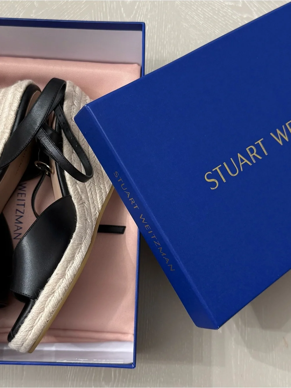 Stuart Weitzman Black Leather Espadrille Slingback Sandals with Tan Jute Sole